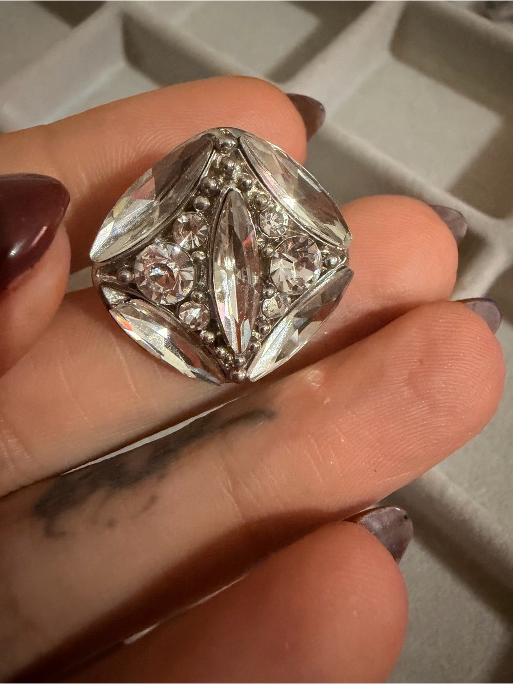 Vintage Clear Crystal Marquise Cluster Snap On Charm- Silver Tone